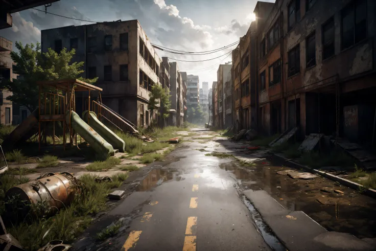 8k, realistic, vray, HDR, 6000K, on a post-apocalyptic playground, creaking swing set, rusted slide, weedy sandbox. <lora:PostApocalyptic_v4:0.6> SZ_4po enviroment