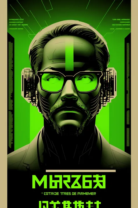 a green poster with a man's face and circuit board , a man with a beard and glasses holding a cell phone , cyber_graphic