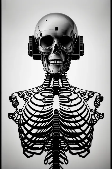 a black and white drawing of a human skeleton , cyber_graphic