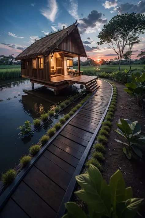 outdoortropicalhouse  little house  on riverside, path wooden, garden, rice field, gold fish, coconut tree, solar panel, dawn, c...