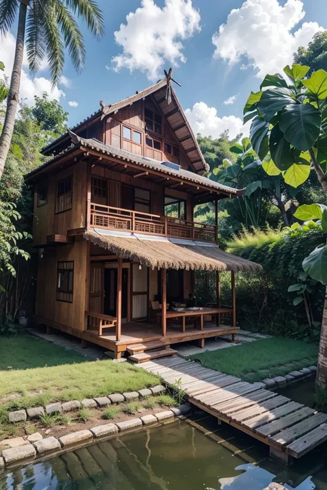 outdoortropicalhouse  little house  on riverside, path wooden, garden, rice field, gold fish, coconut tree, solar panel, dawn, c...