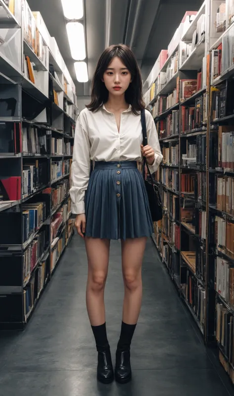 1girl,lib_bg,A-line skirt, button-down shirt, and pumps.,unbuttoned <lora:libbg_v11:1.0>