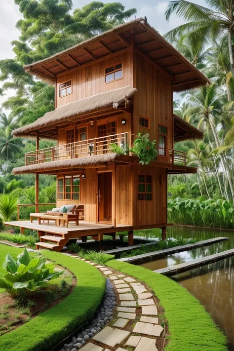 outdoortropicalhouse  little house  on riverside, path wooden, garden, rice field, gold fish, coconut tree, solar panel, dawn, c...