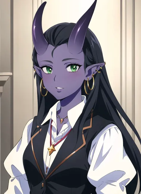 Tiefling, solo, jewelry, green eyes, female, horns, black vest, earrings, pointy ears, long hair, colored skin, vest, black hair, purple skin, long sleeves, holding, puffy sleeves, necklace, shirt, hoop earrings, white shirt, upper body, puffy long sleeves...