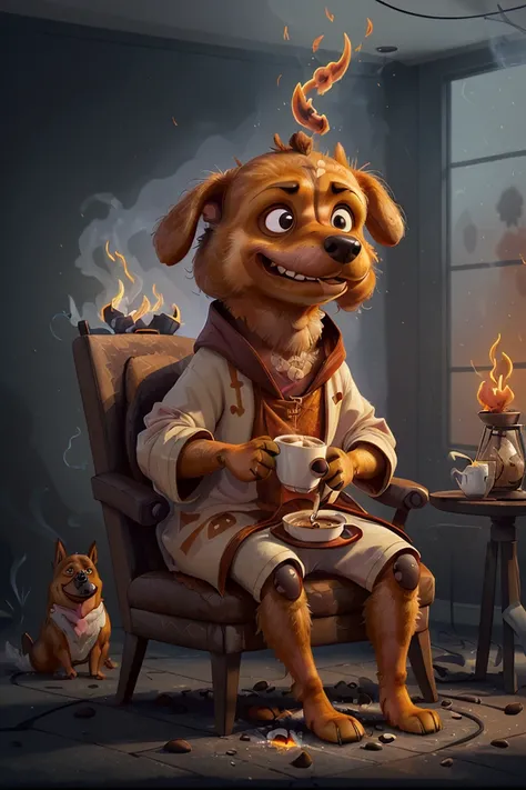 (anthropomorphic dog:1.5) holding a coffee cup, sitting, in a robe, eating breakfast and holding a coffee cup, hat, particles, volumetric lighting, room burn down, ground and chair on fire, lots of gadgets and equipment on fire, smoke, (flames all around:1...