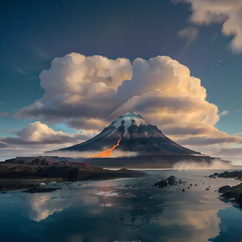 extremely good render, best details, extreme details, (volcano), (lava), mist, night, universe, stars, watercolor, ((photorealistic)), best quality, cloud, cherry blossom, day, fantasy, fish, lake, landscape, high snowy mountain, no_humans, ocean, outdoors...