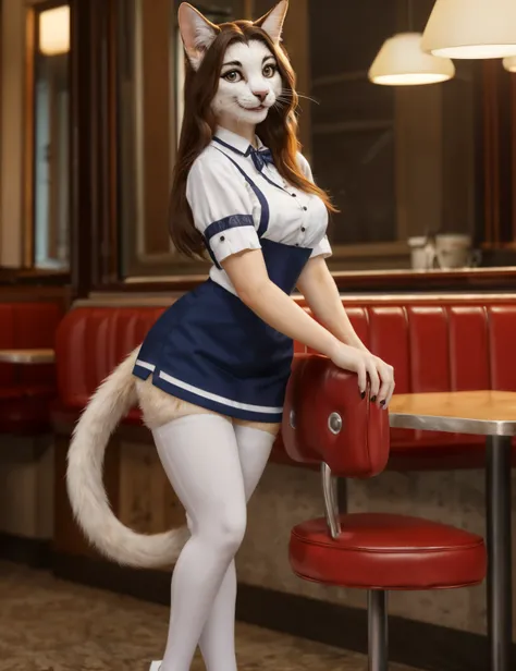 Female, 19 years old, Czech, pear-shaped figure, long hair, (Anthro), Domestic Cat, 1950s waitress, red and white striped uniform, (fur:1.3),
BREAK, 8k, hi res, 1950s colorful diner,