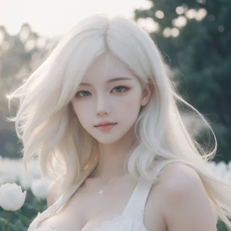 1girl, (ultra detailed eyes:1.2), (blushing), Fulfilled, Delight, (breasts, cleavage:1.2), (shiny skin:1.2), beautiful skin, (pupils sparkling), (white hair, fluffy hair, curly hair), (much haughty hair:1.5), elegant, cuticle hair, wind blow, scattering of...
