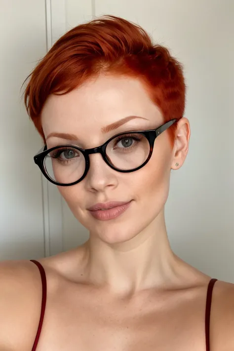 photo of a redhead woman with black rim glasses<lora:hair_length_slider_v1:-5>
