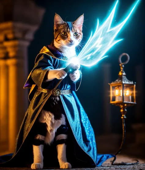 a cat, ((wizard outfit)), epic scene, dynamic camera, backlight, (close up:1.2), high quality photography, 3 point lighting, flash with softbox, 4k, Canon EOS R3, hdr, smooth, sharp focus, high resolution, award winning photo, 80mm, f2.8, bokeh, ruins