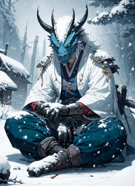 blue dragonborn, solo, long hair, looking at viewer, male, sitting, yellow eyes, weapon, white hair, male focus, outdoors, japanese clothes, horns, pants, sword, wide sleeves, armor, colored skin, fangs, katana, sheath, snow, colored sclera, sheathed, snow...