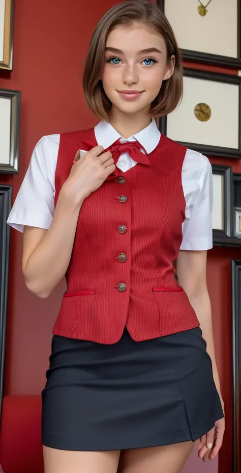 (8k, RAW photo, best quality, masterpiece:1.2), (realistic, photo-realistic:1.37), ultra-detailed,(detailed beautiful girl:1.4),1 girl,full body,slender,<lora:office uniform:0.6>office uniform,office vest,office,micro mini skirt,((red uniform)),short hair,...