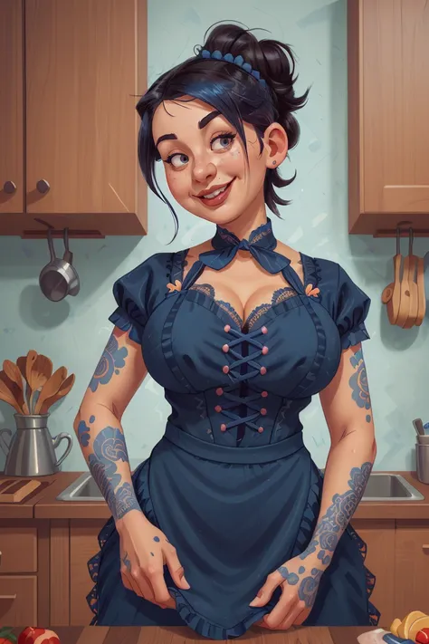 a closeup portrait of a playful maid, undercut hair, sexy dark blue lace apron, amazing body, full lips,pronounced feminine feature, busty, kitchen, Medium length half-up hairstyle, flirting with camera,smile