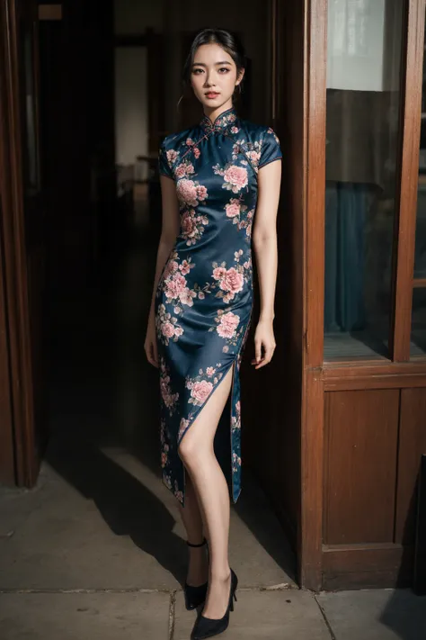1girl, aodai, photo art, (flower:1.2), a stunning photo with beautiful saturation, ultra high res,(realistic:1.4)),deep shadow,(best quality, masterpiece), pale skin, dimly lit, shade, flustered, blush, highly detailed, skinny, BREAK depth of field, film g...