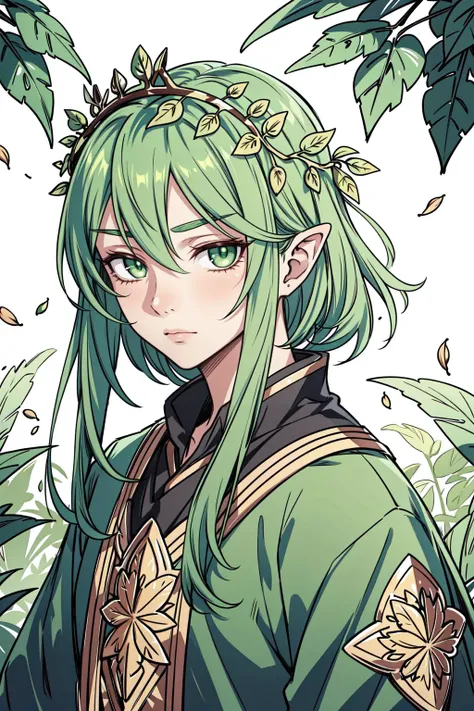 portrait, solo, upper body, looking at viewer, detailed background, detailed face, 1boy, nymph, ethereal, nature-inspired, almond-shaped face shape, emerald eye color, cascading green hair, leafy attire, floral crown, serene expression, mystical feeling of...