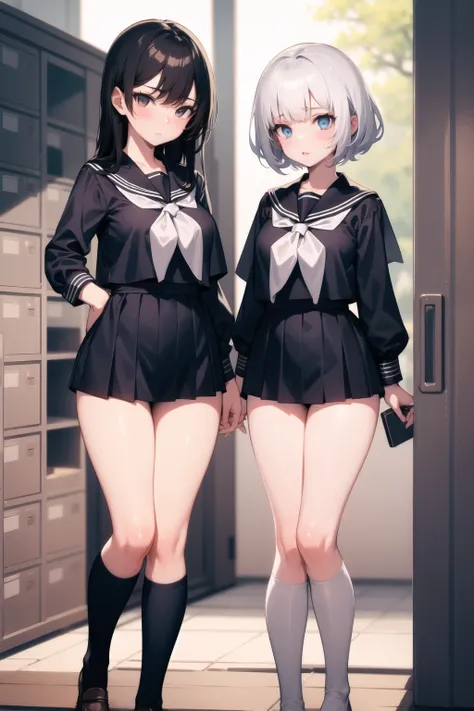 <lora:school_lockers_v0.5:1>
2girls, lockers, school uniform, blue sailor collar, red neckerchief,, masterpiece, best quality, highly detailed