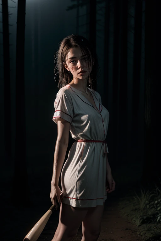 photo portrait scared woman wearing pajama dress holding baseball bat, wet body in forest (dimming light:1.3) (fog:1.2) (night:1...