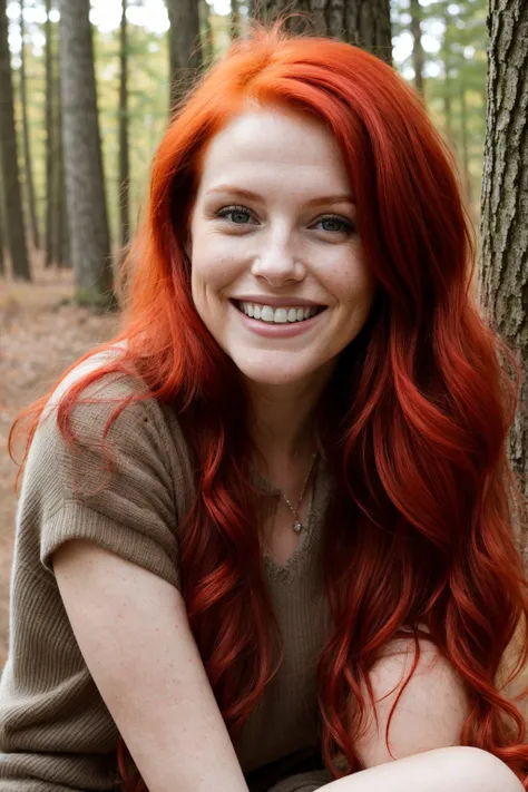 photo of a woman, red hair, smiling, in the woods <lora:zoom_slider_v1:4.5>