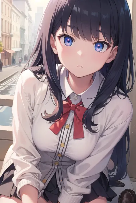 rikkatakarada, <lora:rikkatakaradatest:1>, rikka takarada, black hair, blue eyes, long hair, orange scrunchie, scrunchie, wrist scrunchie, (small breast:1.2),
BREAK black footwear, black skirt, bow, bowtie, buttons, cardigan, collared shirt, long sleeves, ...