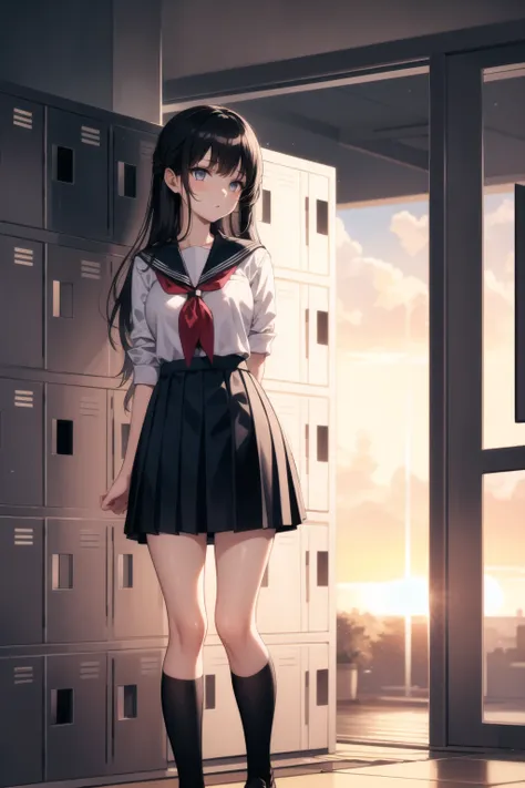 <lora:school_lockers_v0.5:1>
1girl, lockers, school uniform, blue sailor collar, red neckerchief, sunlight, sunset,, masterpiece, best quality, highly detailed