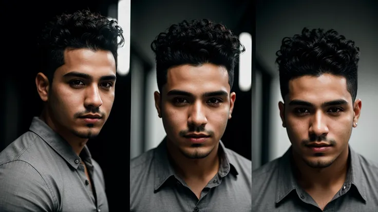 closeup portrait photos split,  of 24 y.o attractive mexican male, wearing gray shirt, shaved beard, curly top black hair, cinematic shot, dramatic blind lighting