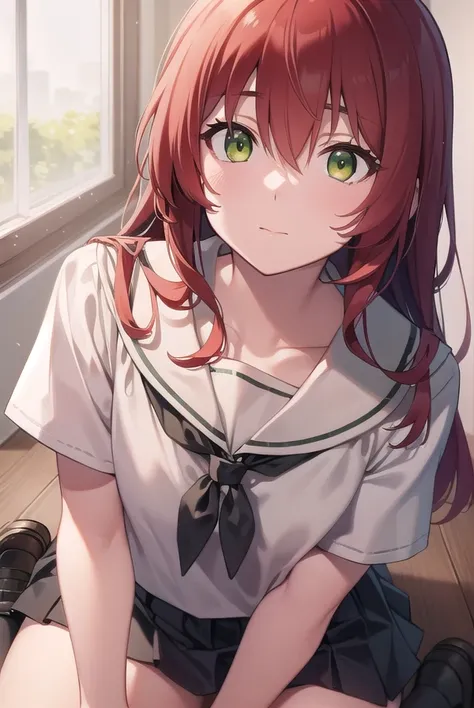 kitaikuyo, <lora:ikuyokitatest:1>, ikuyo kita, (green eyes:1.5), hair between eyes, long hair, one side up, red hair, (flat chest:1.2),
BREAK black footwear, black skirt, grey sailor collar, pleated skirt, sailor collar, school uniform, shoes, short sleeve...