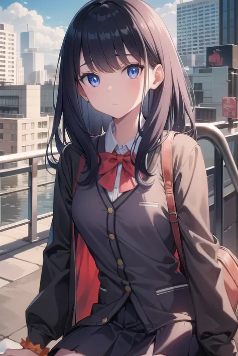 rikkatakarada, <lora:rikkatakaradatest:1>, rikka takarada, black hair, blue eyes, long hair, orange scrunchie, scrunchie, wrist scrunchie, (small breast:1.2),
BREAK black footwear, black skirt, bow, bowtie, buttons, cardigan, collared shirt, long sleeves, ...