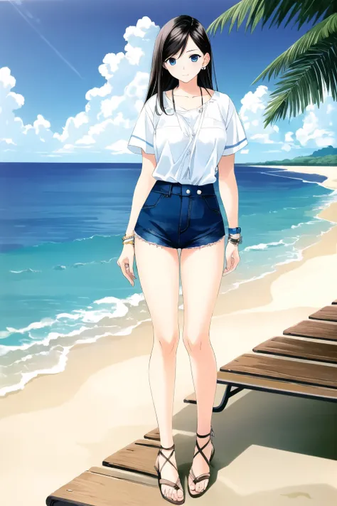 watch, shorts, wristwatch, ocean, bracelet, sandals, denim shorts, water, sky, outdoors, legs, denim, jewelry, shirt, cloud, lower body, short shorts, day, wristband, thighs, bench, multiple girls, 1girl, standing, bare legs, beach, blue sky, 2girls, feet<...
