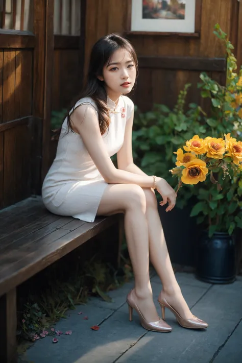 1girl, suonxam, photo art, (flower:1.2), a stunning photo with beautiful saturation, ultra high res,(realistic:1.4)),deep shadow,(best quality, masterpiece), pale skin, dimly lit, shade, flustered, blush, highly detailed, skinny, BREAK depth of field, film...
