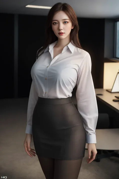 ((best quality)),absurdres,(ultra high res),(photorealistic:1.6), octane render,(hyperrealistic:1.2), (photorealistic face:1.2), 1girl, hot, (standing:1.4), skirt, shirt, half mouth open, office lady, young, pantyhose, huge breasts, perfect female body, (r...