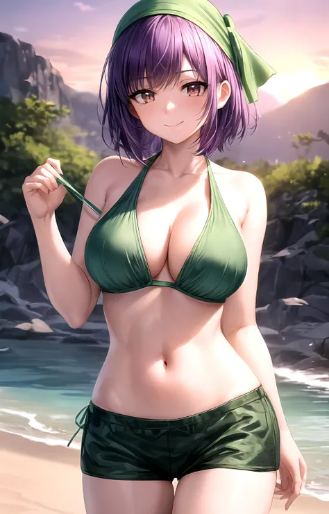 masterpiece, best quality, best aesthetic, anime, ultra detailed,
ayane (doa), 1girl, solo, ayanemellow, green bikini, (green shorts, short shorts:1.2), (purple bandana:1.2), (large breasts, wide hips:1.3), (short hair, purple hair:1.2), red eyes, (smile, ...