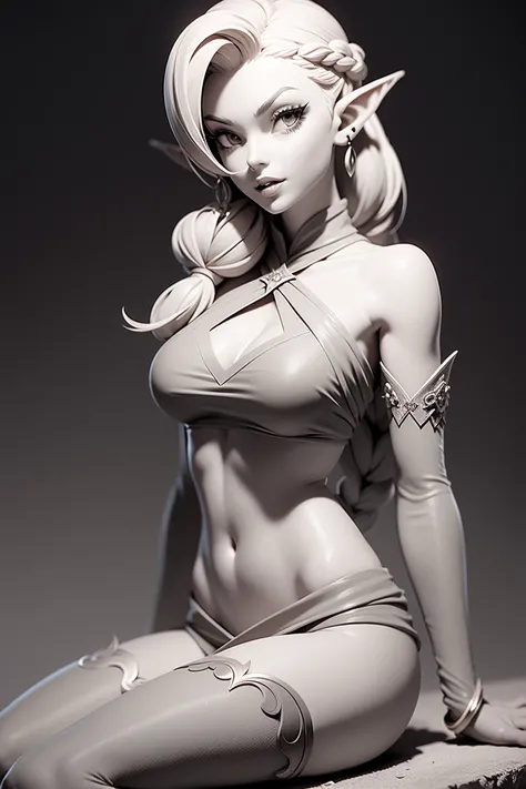 Gray clay style,1girl, solo, pointy ears, breasts, monochrome, sitting, navel, navel cutout, long hair, braid, thighhighs, parted lips, jewelry, elf, earrings, greyscale, clothing cutout