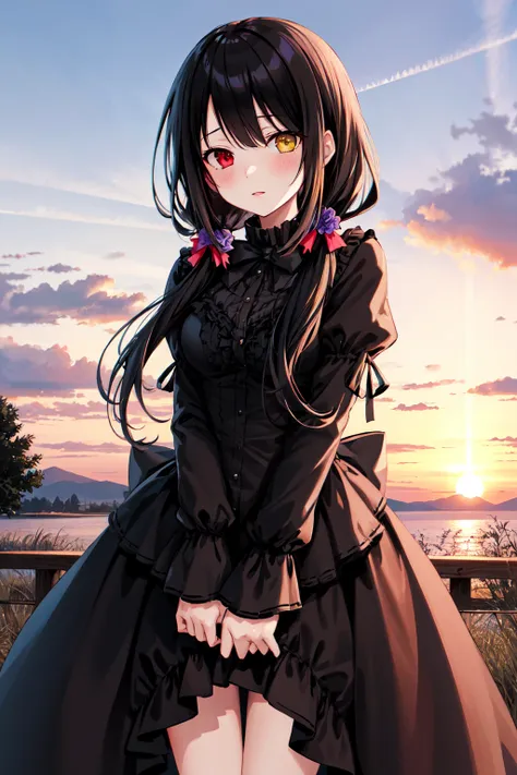 masterpiece, best quality, highres, 1girl, cckurumi, long hair, low twintails, hair flower, heterochromia, hair bow, gothic, bla...