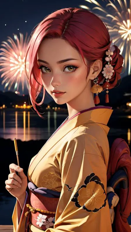 (best quality, masterpiece, colorful, dynamic angle, highest detailed)upper body photo, fashion photography of a cute marocco  girl with iridiscent pink hair, flirting with POV, in traditional japanese gold&black kimono, ultra detailed kimono textures, hig...