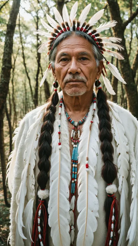 body facing viewer, close up face with skin pores and wrinkles, RAW photo, a portrait photo of 1 single 65 y.o native american cheif man half body. centered eyes on camera, facing camera, eyes perfect, native chief, large white feathers, white feathers, li...