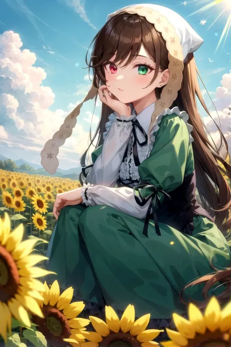 masterpiece, best quality, 1girl, <lyco:Suiseiseki-000017:1.0>, suiseiseki, corset, green dress, frills, ribbon, bonnet, head scarf, twin drills, squatting, hand on own cheek, outdoors, cloudy sky, sky, sunflower, sunlight