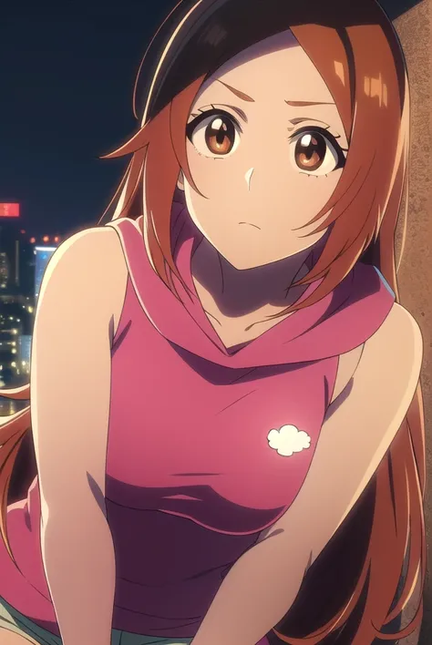 inoueorihime, <lora:inoueorihimeTBWtest:1>,
inoue orihime, long hair, orange hair, (brown eyes:1.5),
BREAK sthighhighs, shorts, sleeveless, hood, hoodie, pink hoodie,
BREAK looking at viewer,
BREAK outdoors,
BREAK <lora:GoodHands-vanilla:1>, (masterpiece:1...