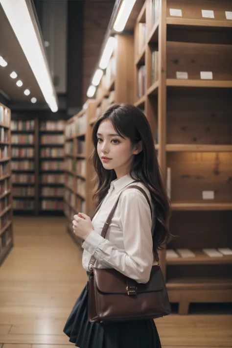 masterpiece,best quality,photorealistic,lifelike rendering,depth of field:1.2, bokeh, film grain:1.4, 1girl, lib_bg,Bag: A structured briefcase-style handbag in burgundy leather. ,<lora:libbg_v16:1>,
