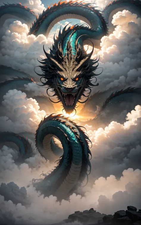 masterpiece, best quality, glamour shot (from above:0.6) of chinese dragon (surrounded by swirling glowing magic), heavenly, clo...