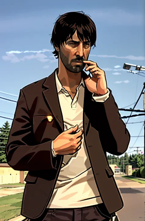 Bob_Arctor , talking at the smartphone , solo, short hair, brown hair, shirt, 1boy, holding, closed mouth, jacket, closed eyes, white shirt, upper body, male focus, outdoors, sky, collared shirt, hand up, dark skin, black jacket, facial hair, phone, dark-s...