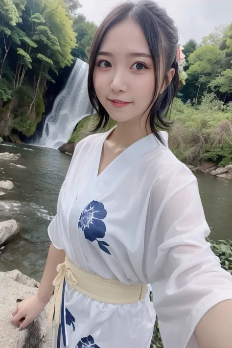 1girl,(wearing a cotton yukata with floral pattern:1.2),(in the countryside in Japan),(river and waterfall in the background:1.3),(forest scenery:1.2),greeneries and fresh nature,(RAW photo, best quality), (realistic, photo-realistic:1.4), masterpiece, an ...