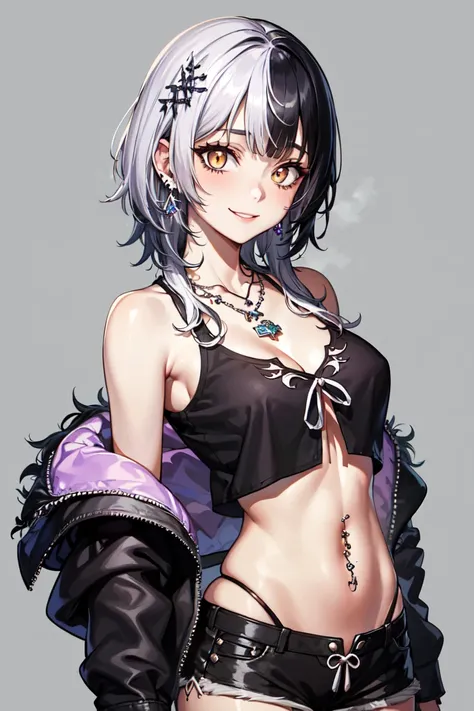masterpiece, best quality, absurdres, perfect anatomy, 1girl, solo, ShioriNovella, hair ornament, short shorts, (bohemian chic fashion:1.2), (simple shirt:1.5), bare shoulders, navel, midriff, (jewelry:1.3), (light smile:1.1), (diamond necklace:1.3), (diam...