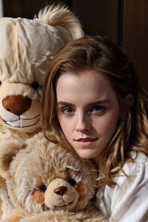 closeup photo of ewt, (hugging a teddy Bear:1.15), solo
 <lora:EmmaWatson2017LoRaDogu:1>