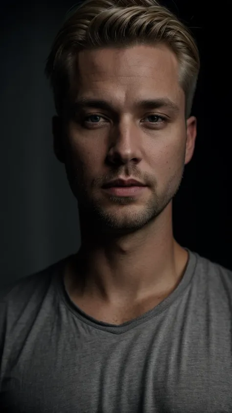 selfie looking at viewer, portrait photo straight view of 32 y.o white male face only wearing gray shirt, short sides medium top dirty-blonde hair, cinematic shot, very dark dramatic blind lighting 8k uhd, natural color palette