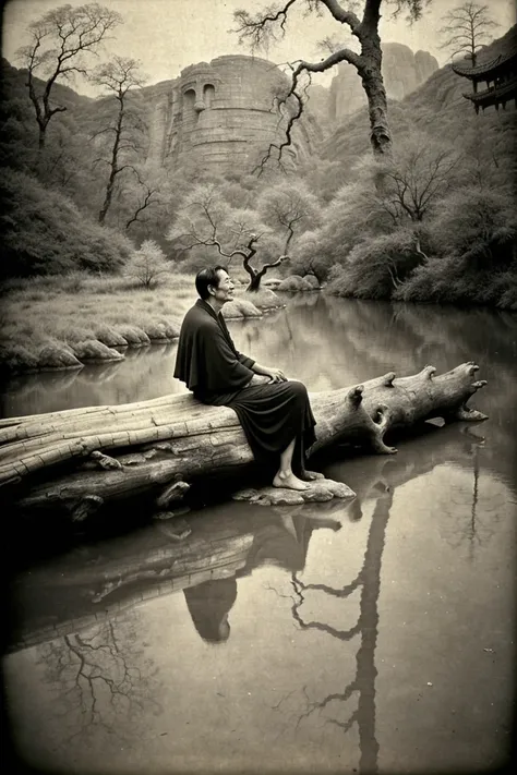 barnum-collodion   collodion, surreal, dreamy, zen dry garden by river, 1 happy Chinese old man Sun Li  Doe thin smiling sitting on fallen  tree trunk, long white beard, teamaster, contemplating (looking back:1.1), dark tanned, (ornate clothes:1.2), rounda...