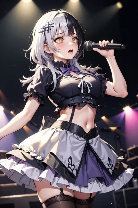 masterpiece, best quality, absurdres, perfect anatomy, 1girl, solo, ShioriNovella, hair ornament, idol, idol uniform, bowtie, skirt, brooch, dress, concert, on stage, frilled skirt, jewelry, layered dress, short sleeves, ((midriff)), thighhighs, microphone...