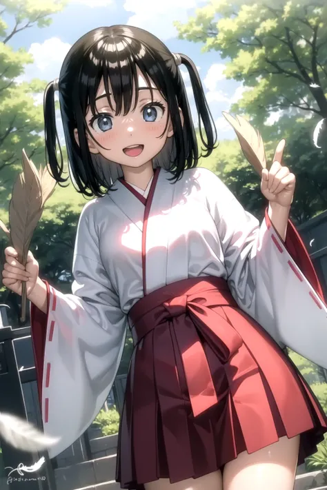<lora:kantoku_v0.1:1>
1girl, solo, looking at viewer, blush, smile, short hair, open mouth, bangs, blue eyes, skirt, brown hair, long sleeves, holding, standing, :d, outdoors, japanese clothes, day, wide sleeves, kimono, two side up, tree, dutch angle, lea...