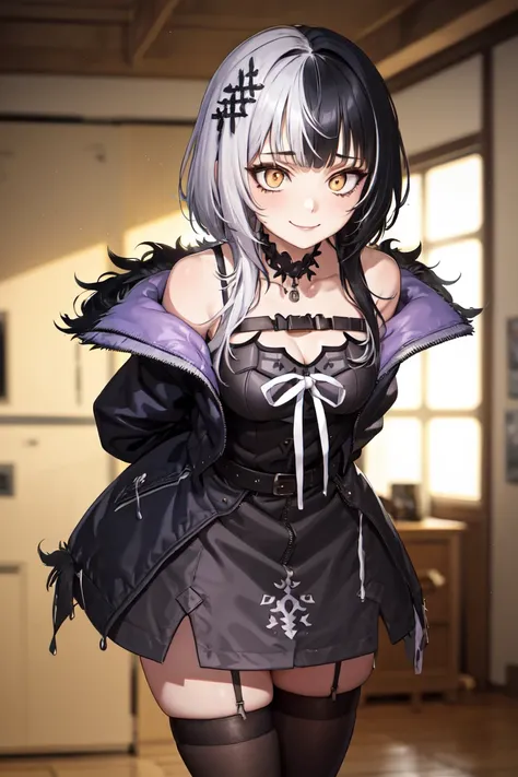 masterpiece, best quality, absurdres, perfect anatomy, 1girl, solo, ShioriNovella, hair ornament, fur trim, black jacket, off shoulder, dress, choker, belt, single thighhigh, asymmetrical legwear, arms behind back, indoors, leaning forward, smile, <lora:Sh...
