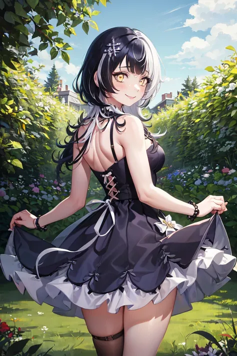 masterpiece, best quality, absurdres, perfect anatomy, 1girl, solo, ShioriNovella, hair ornament, from behind, (yellow sundress), garden, day, sunshine, smile, looking back, <lora:ShioriNovella:1>