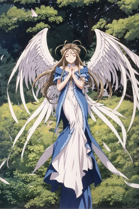 Belldandy, long hair, wings, 1girl, dress, closed eyes, brown hair, solo, 1990s (style), retro artstyle, own hands together, angel wings, nature, own hands clasped, white dress, very long hair, tree, full body, outdoors,<lora:Kosuke Fujishima:0.8>